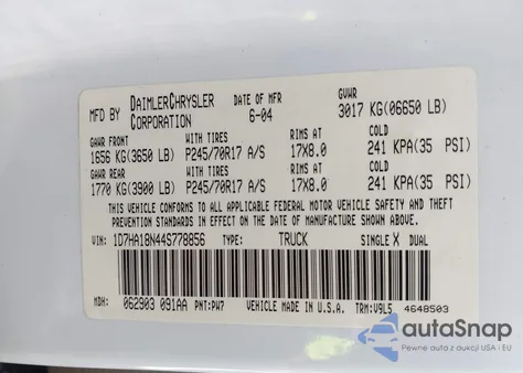 2004 Dodge Ram 1500 Slt/Laramie из США, поврежденный, VIN 1D7HA18N44S778856